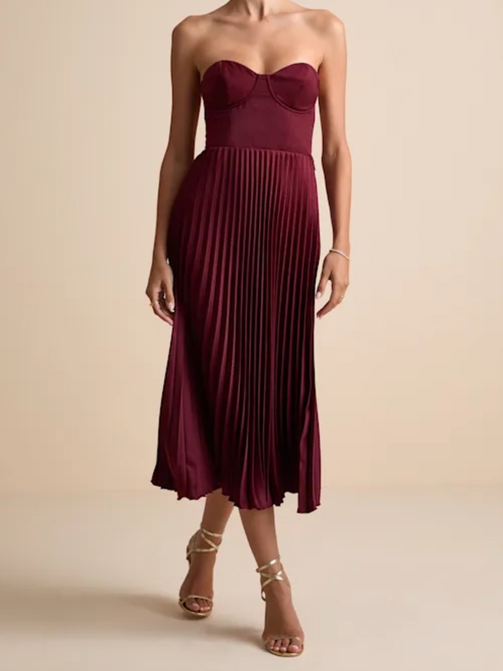 Lulu's Strapless Pleated Midi Dress in Burgundy